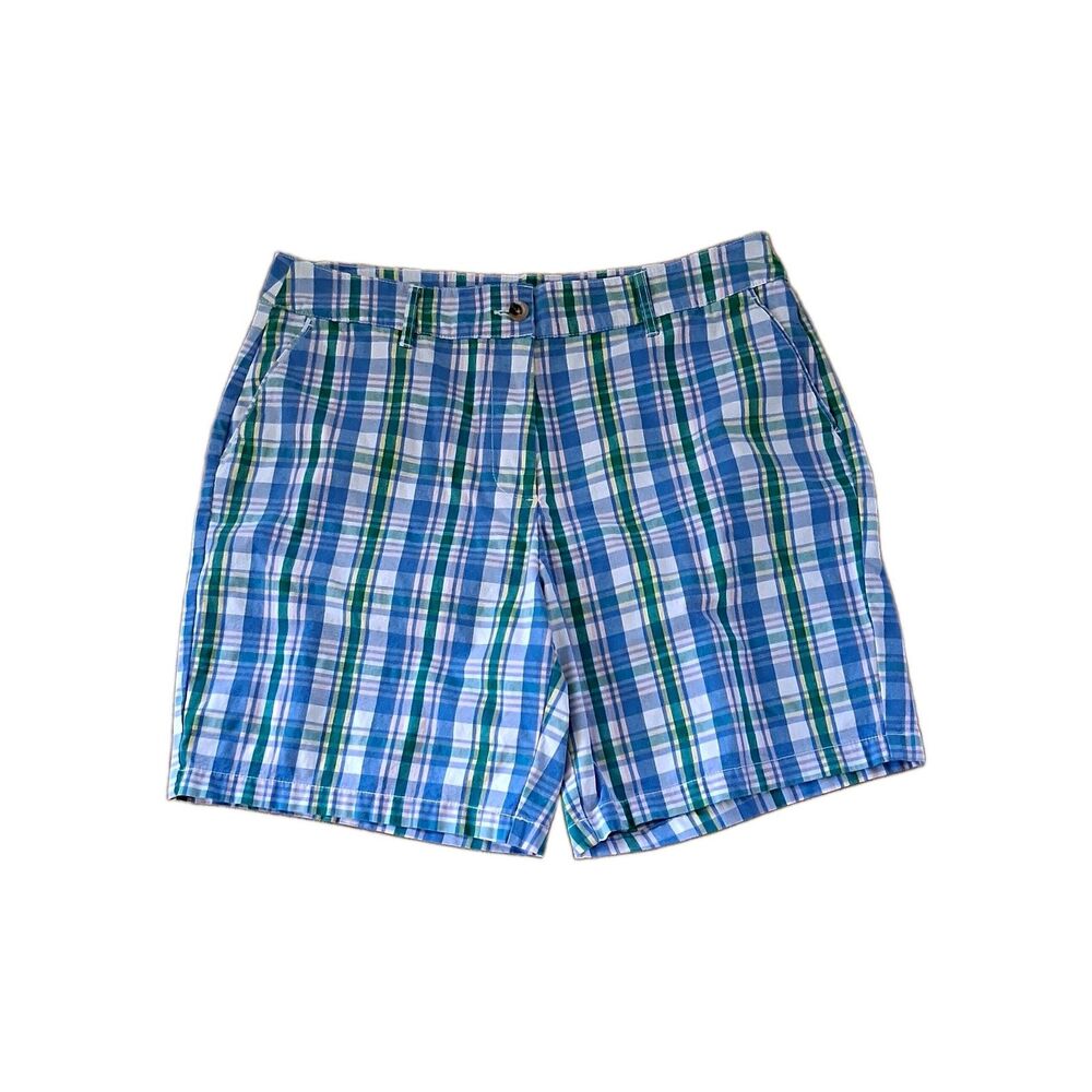 Kim Rogers Chino Shorts Womens 16 Blue White Green Plaid 9" Casual Cotton Preppy